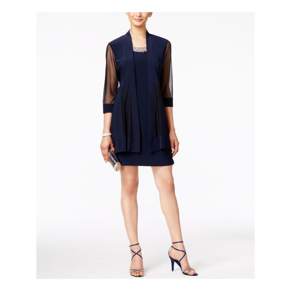 R&M RICHARDS PETITE Womens Navy Elbow Sleeve Open Front Cardigan Petites 6P
